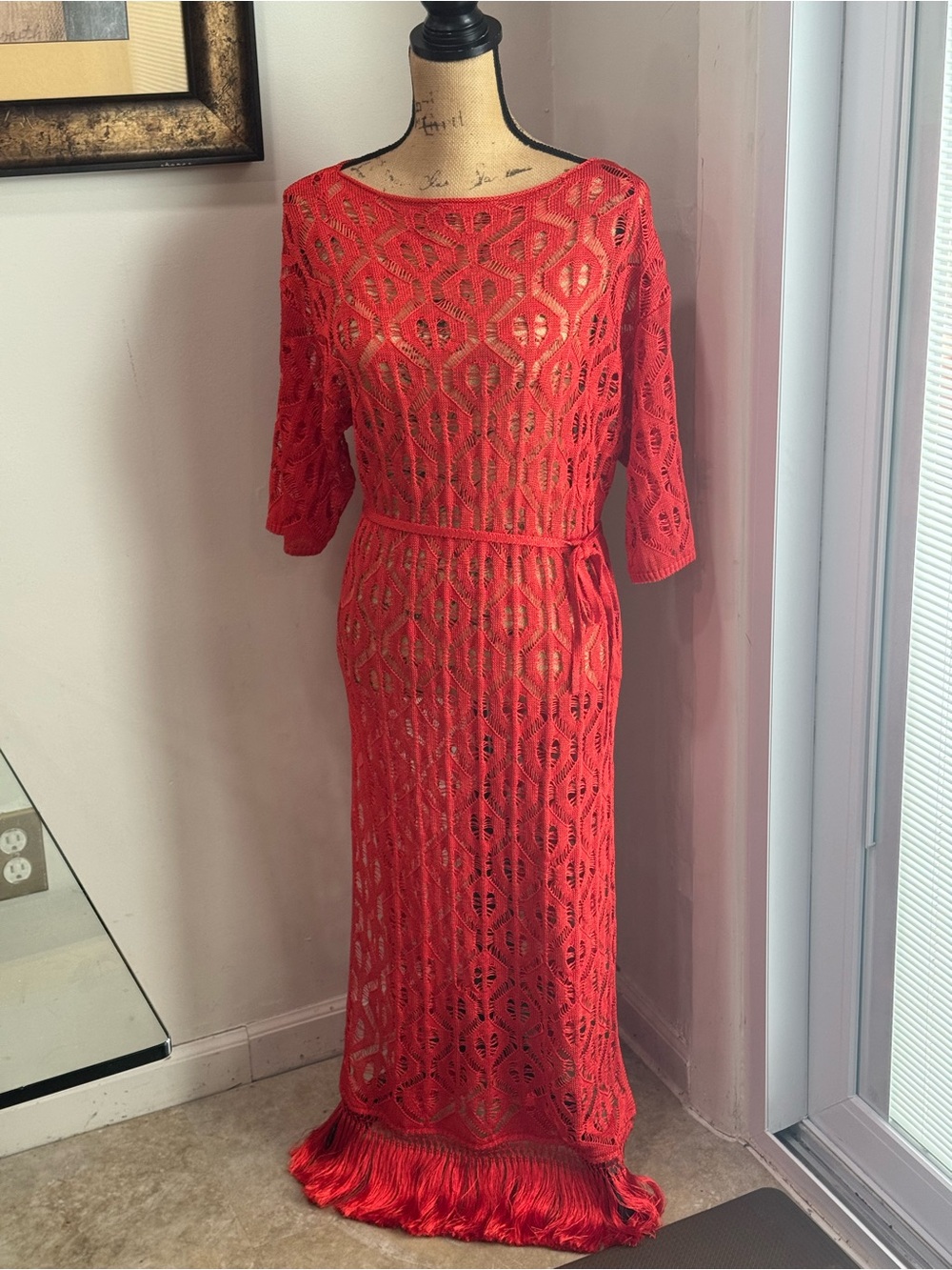 Zara Red Crochet Maxi Dress with Fringe